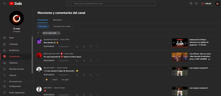 Comentarios en Youtube Studio