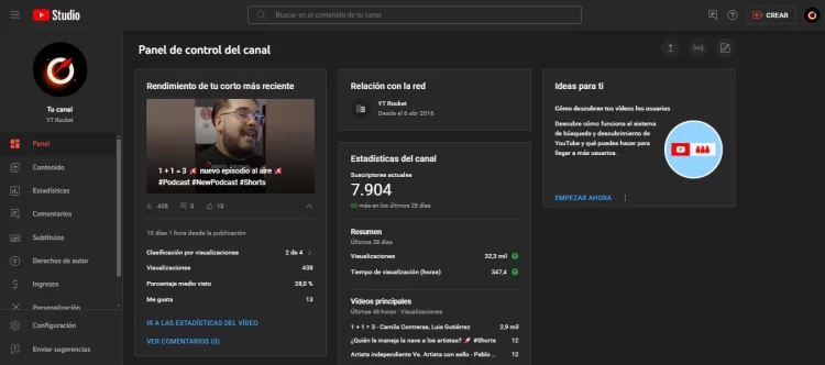 Panel de control de YouTube Studio
